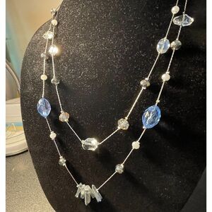 Double-strand blue crystal bead necklace thin silver chains. Secure clasps EUC